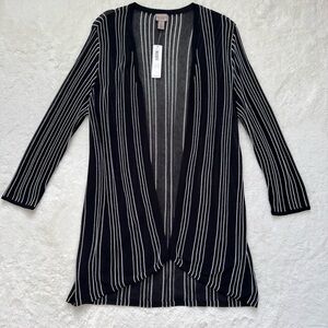 Chico’s Easywear Cardigan Women Size 1 (M/8) Black Stripe Sheer‎ Boho Beach NWT